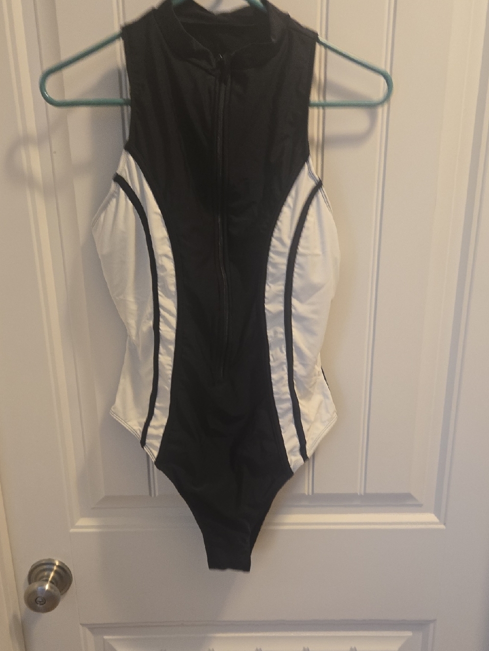 Black and White Zip Front One-Piece Swimsuit